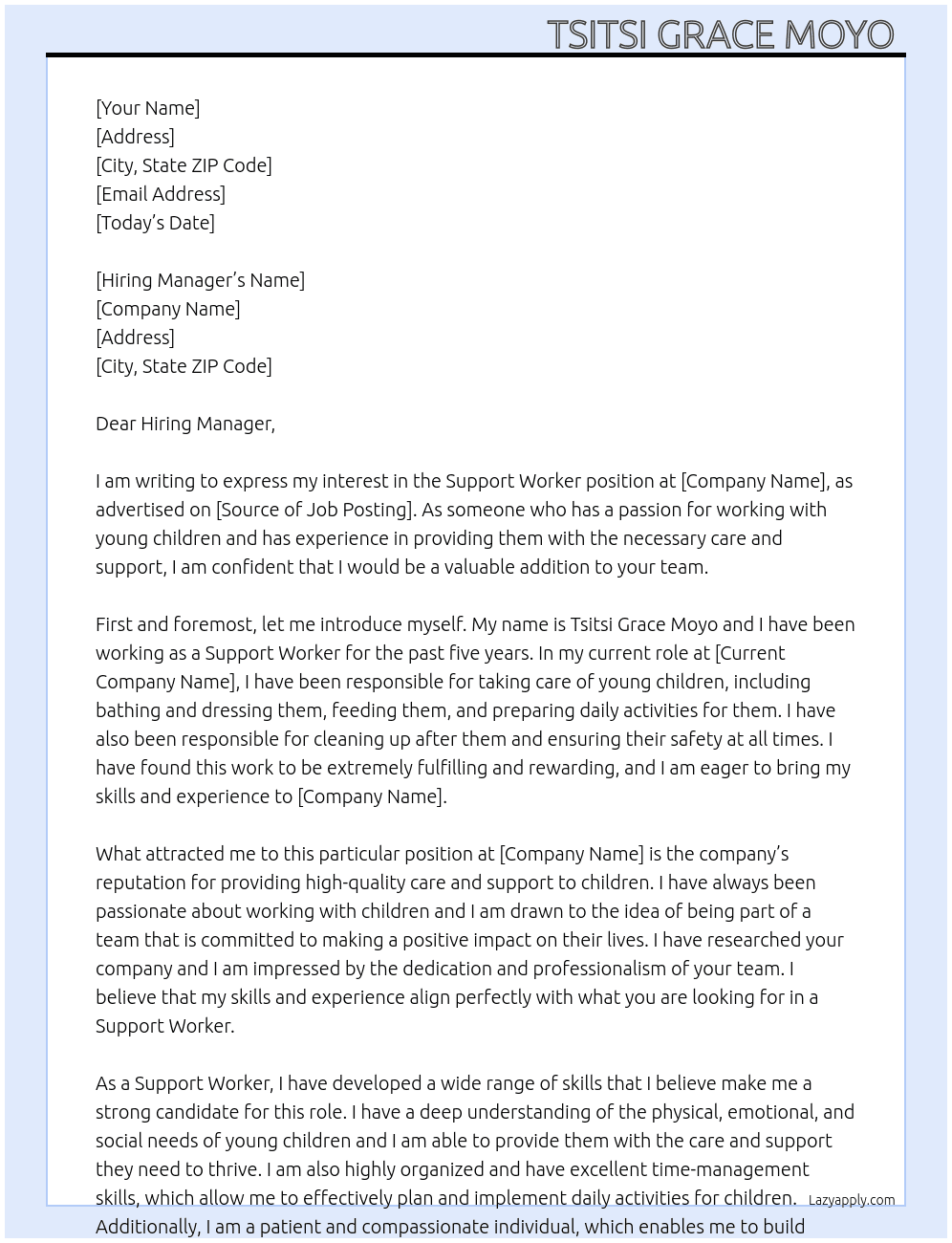 Support Worker  At Tsitsi Grace Moyo  Cover Letter