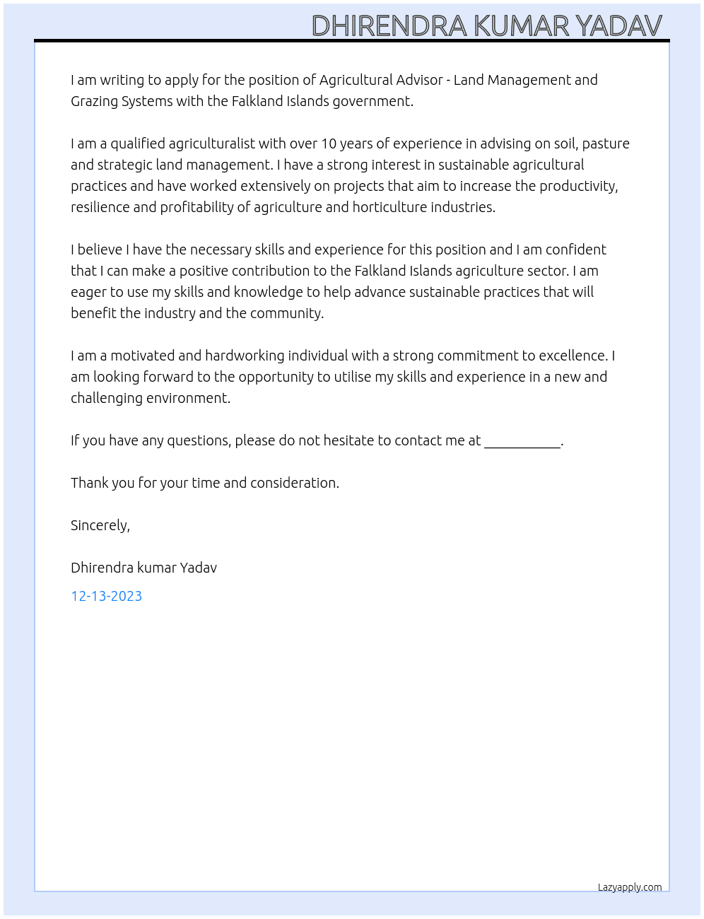 Agricultural Advisor - Land Management and Grazing Systems At Falkland islands government  Cover Letter