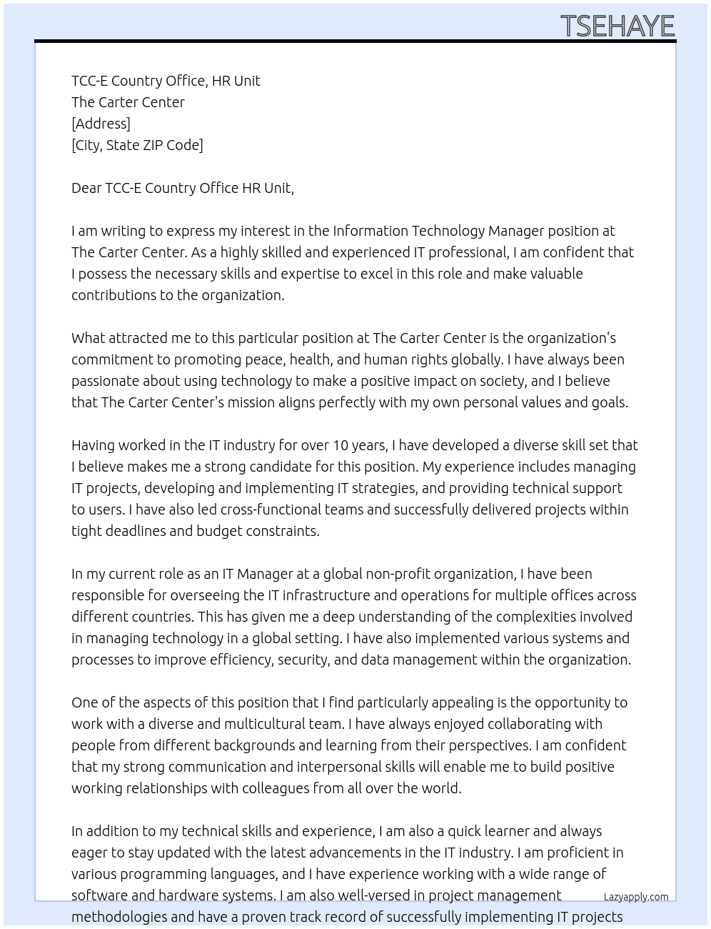 Information Technology Manager At The Carter Center Cover Letter