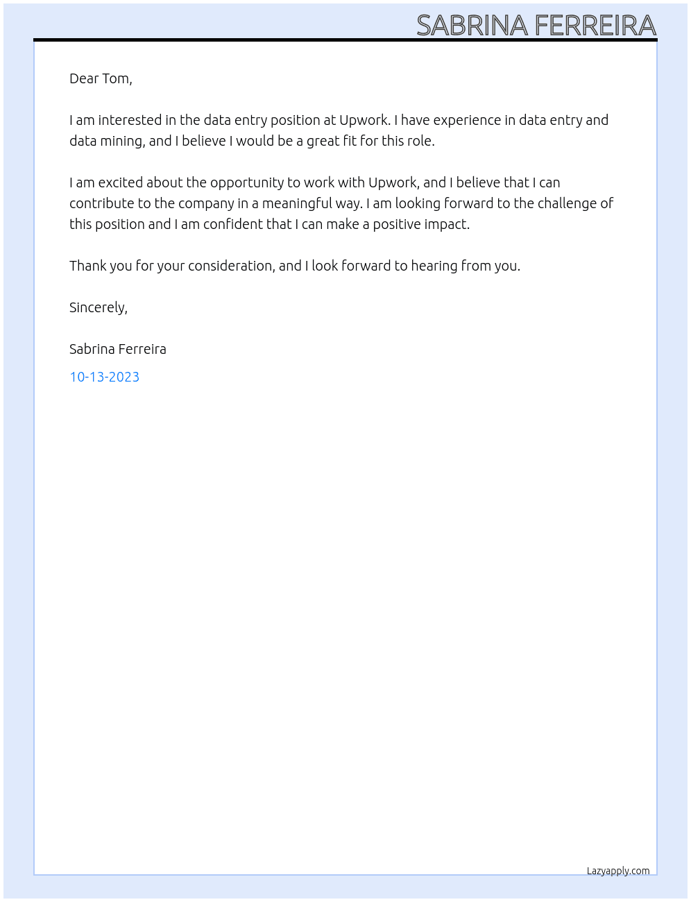Cover letter for entrada de dados - LazyApply