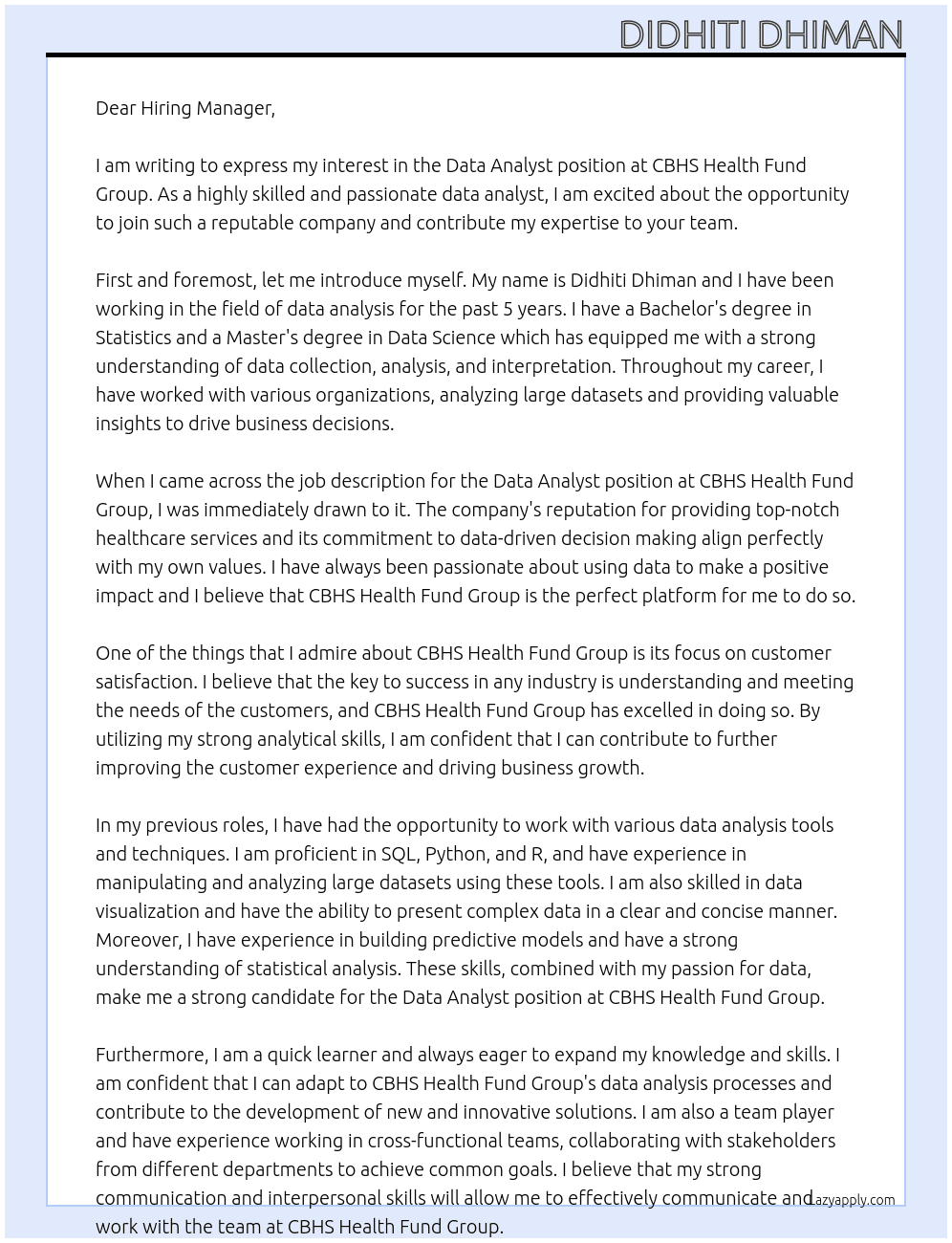 Data Analyst At CBHS Health Fund Group Cover Letter