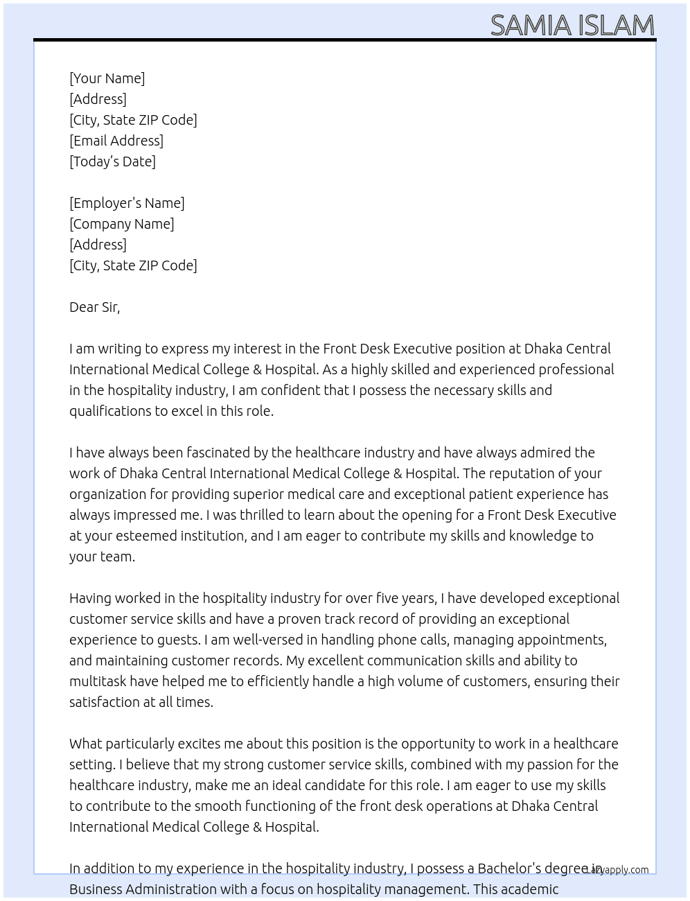 front desk executive At Dhaka Central International Medical College & Hospital Cover Letter