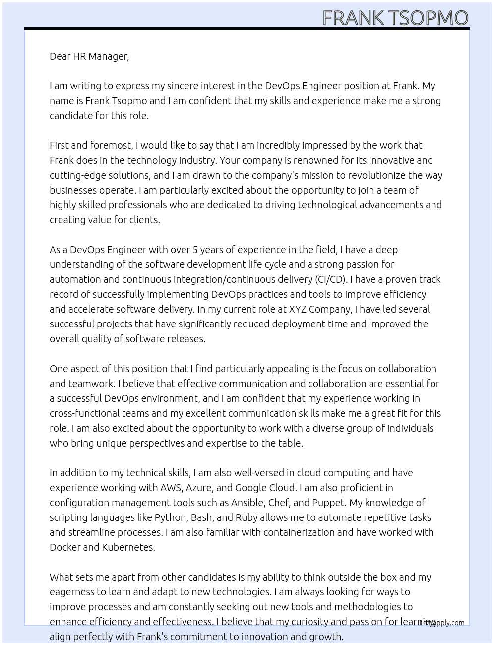 Devops engineer  At frank Cover Letter