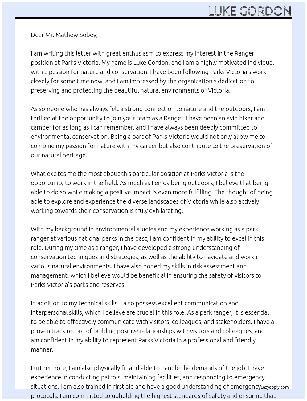 Ranger (field services) At Parks Victoria Cover Letter