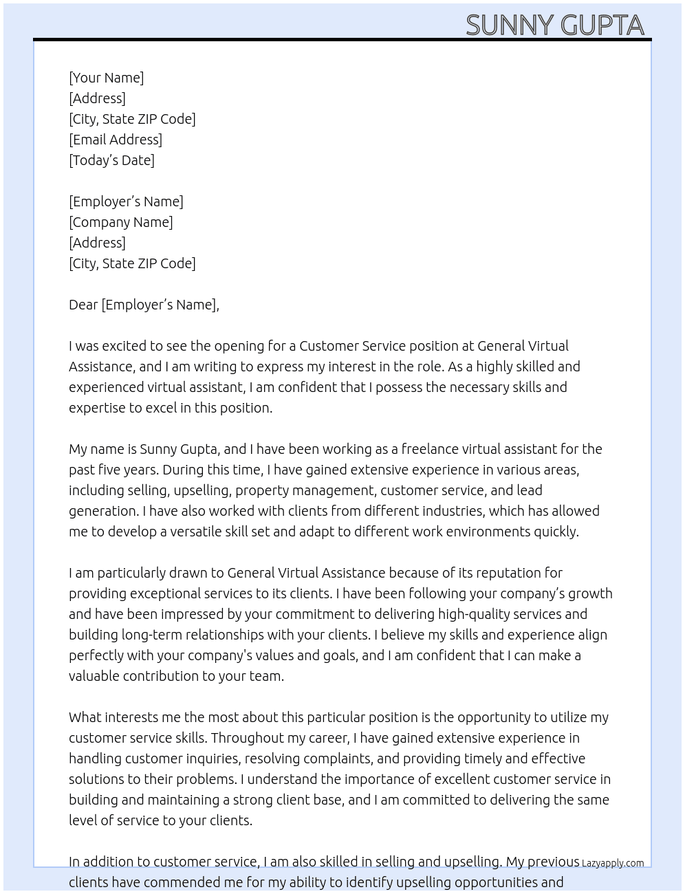 customer service  At General Virtual Assistance Cover Letter