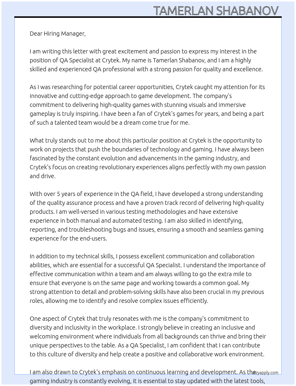 QA Specialist At Crytek Cover Letter