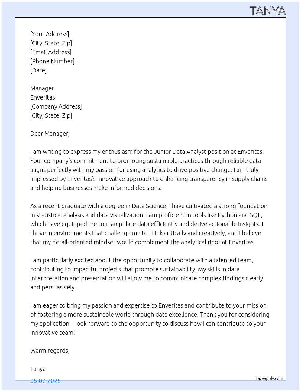 Junior Data Analyst At Enveritas Cover Letter