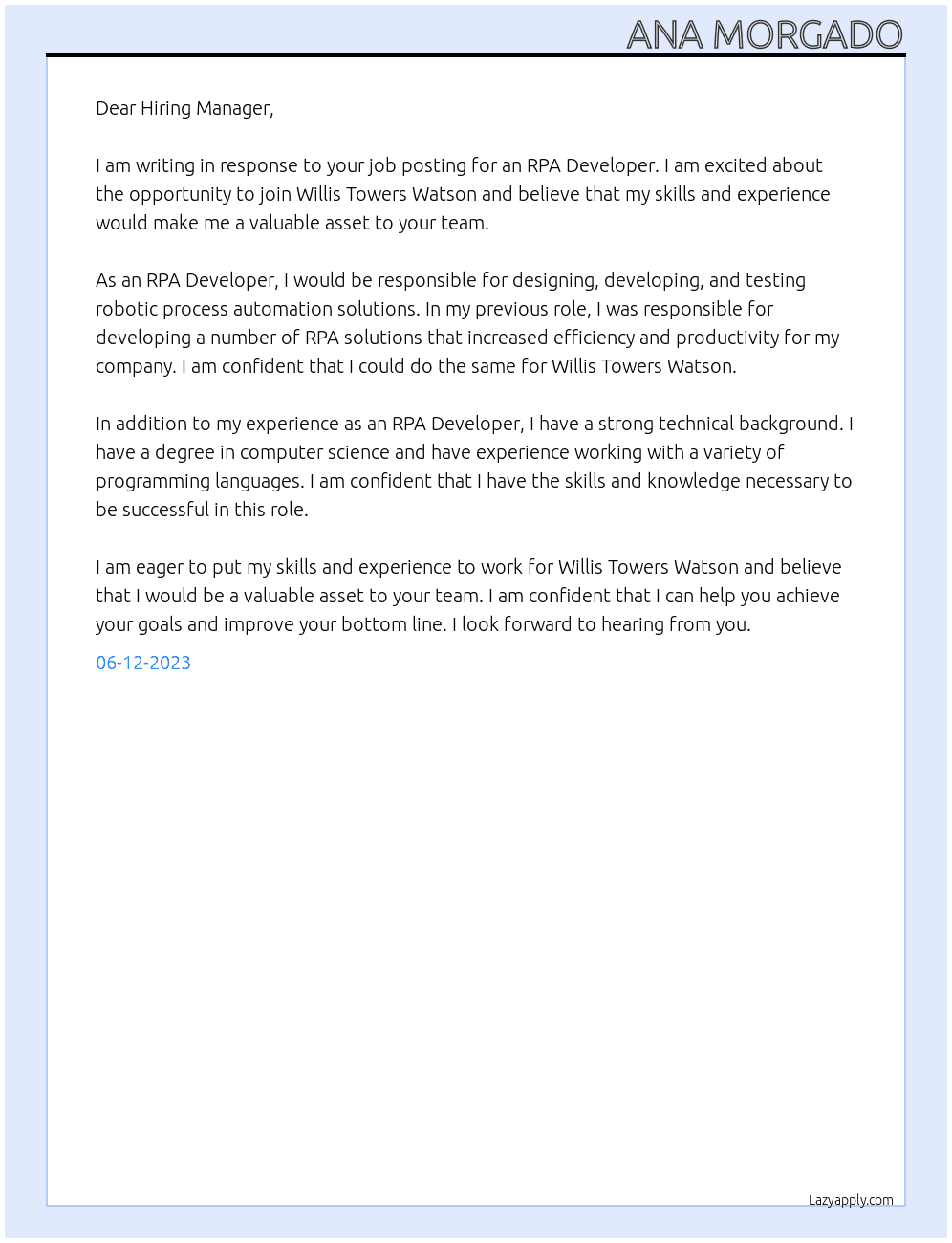 RPA Developer At Willis Towers Watson Cover Letter