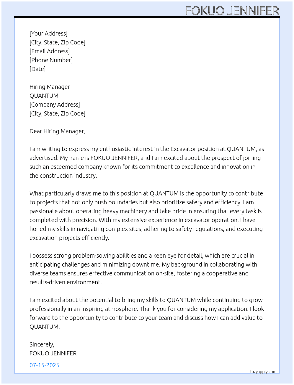 EXCAVATOR At QUANTUM Cover Letter