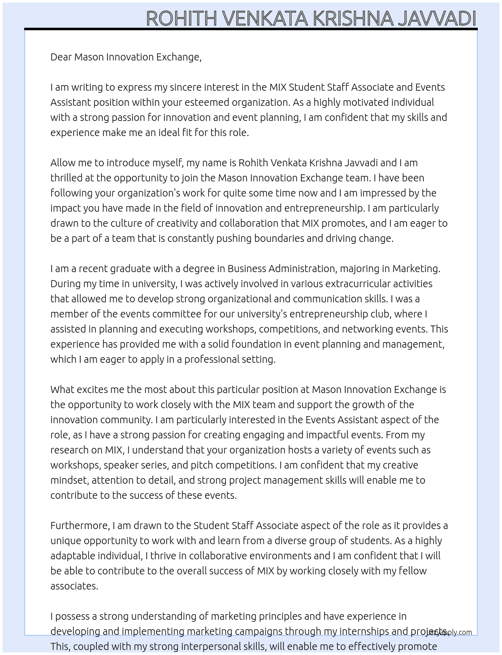 MIX Student Staff Associate and Events Assistant At Mason Innovation Exchange Cover Letter