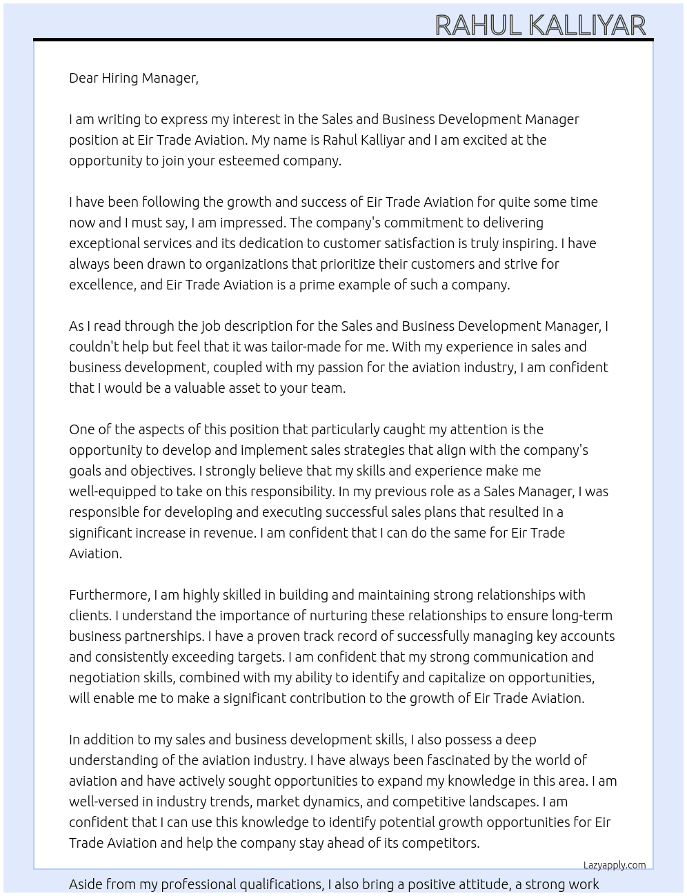 Sales and Business Development Manager At Eir Trade Aviation  Cover Letter