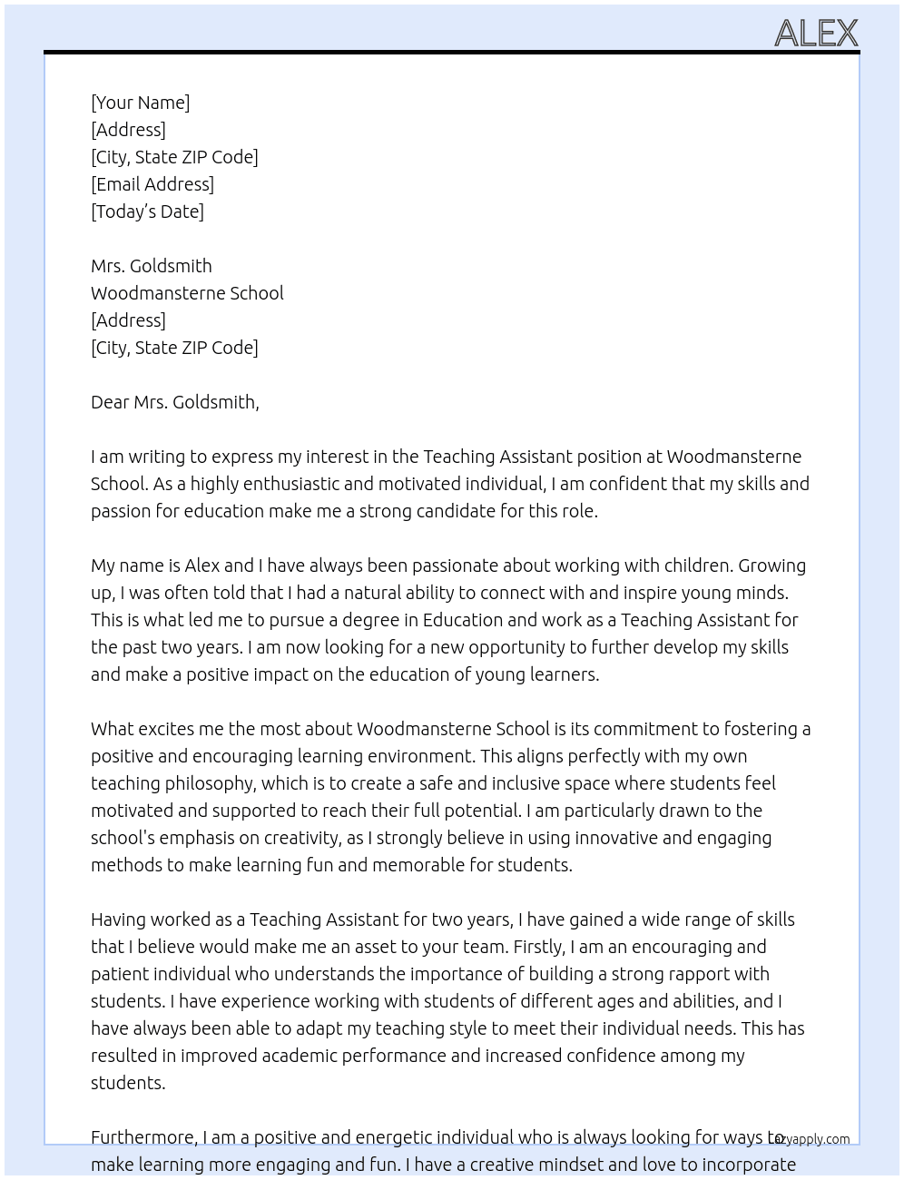 Teaching assistant  At Woodmansterne school Cover Letter