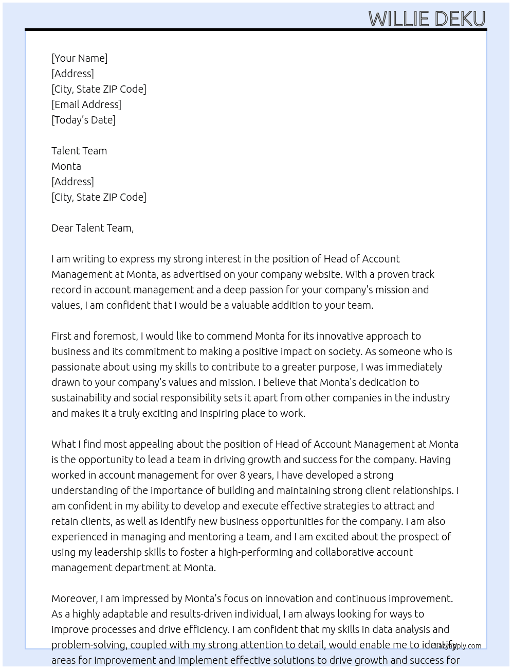 Head of Account Management At Monta Cover Letter