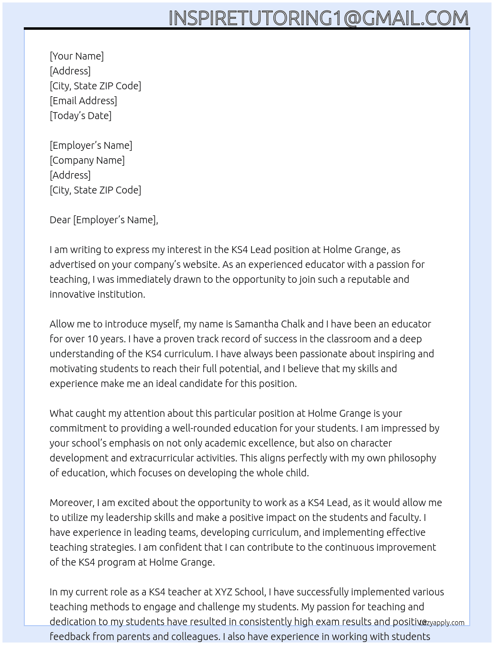 KS4 Lead At Holme Grange Cover Letter