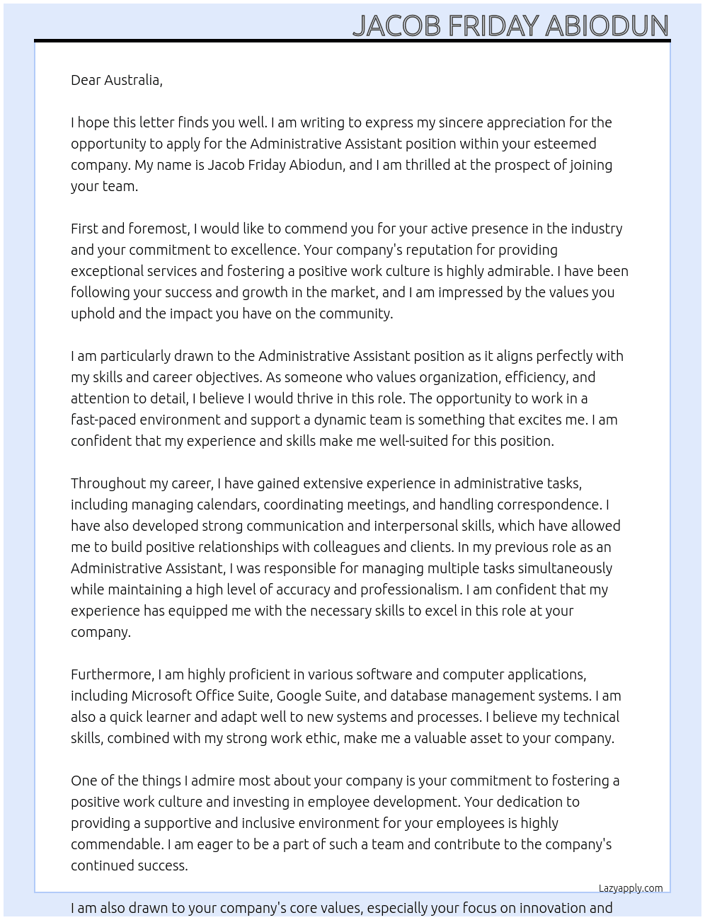 Administrative Assistant At Australia Cover Letter