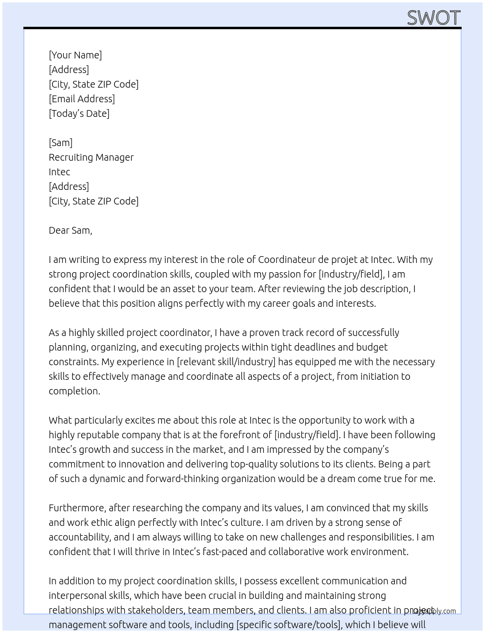 Coordinateur de projet At Intec Cover Letter