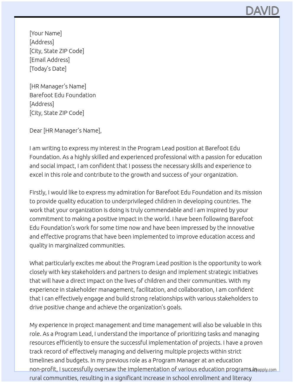 Program Lead At Barefoot Edu Foundation Cover Letter