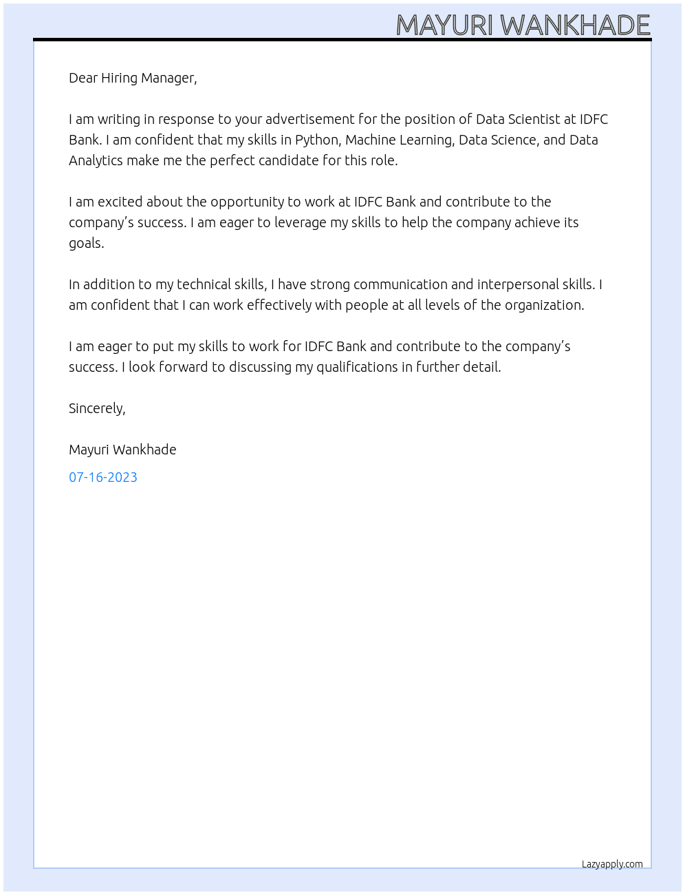 Data Scientist  At IDFC Bank  Cover Letter