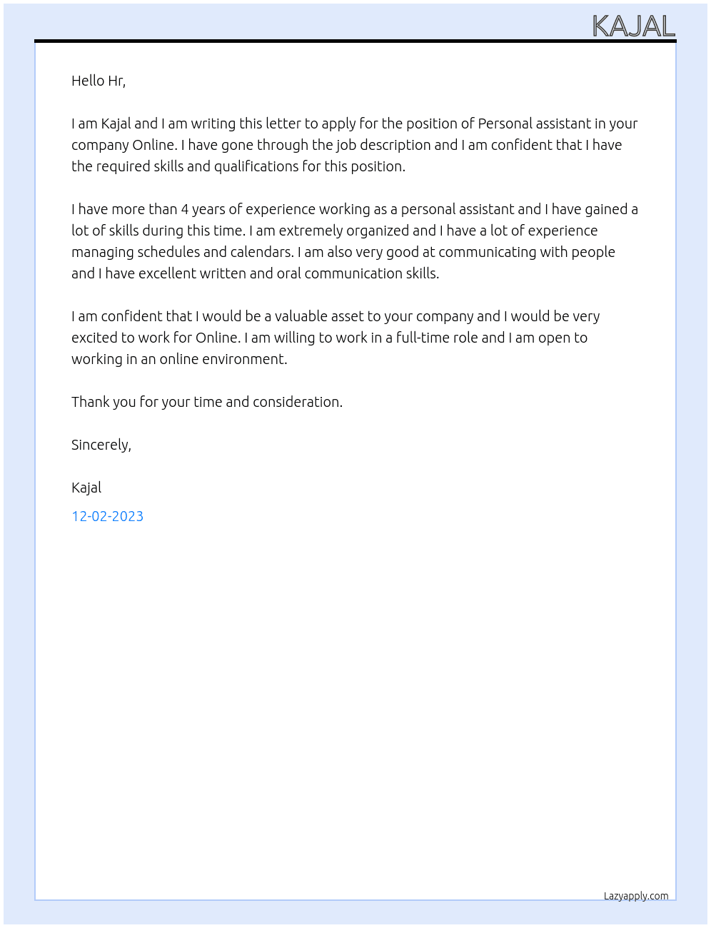Personal assistant  At Online Cover Letter