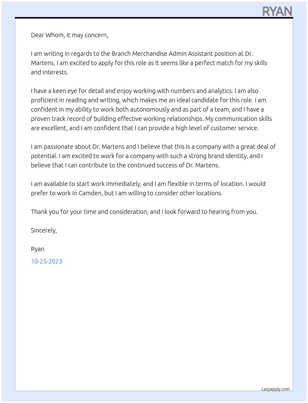 Branch Merchandise Admin Assistant At Dr. Martens Cover Letter