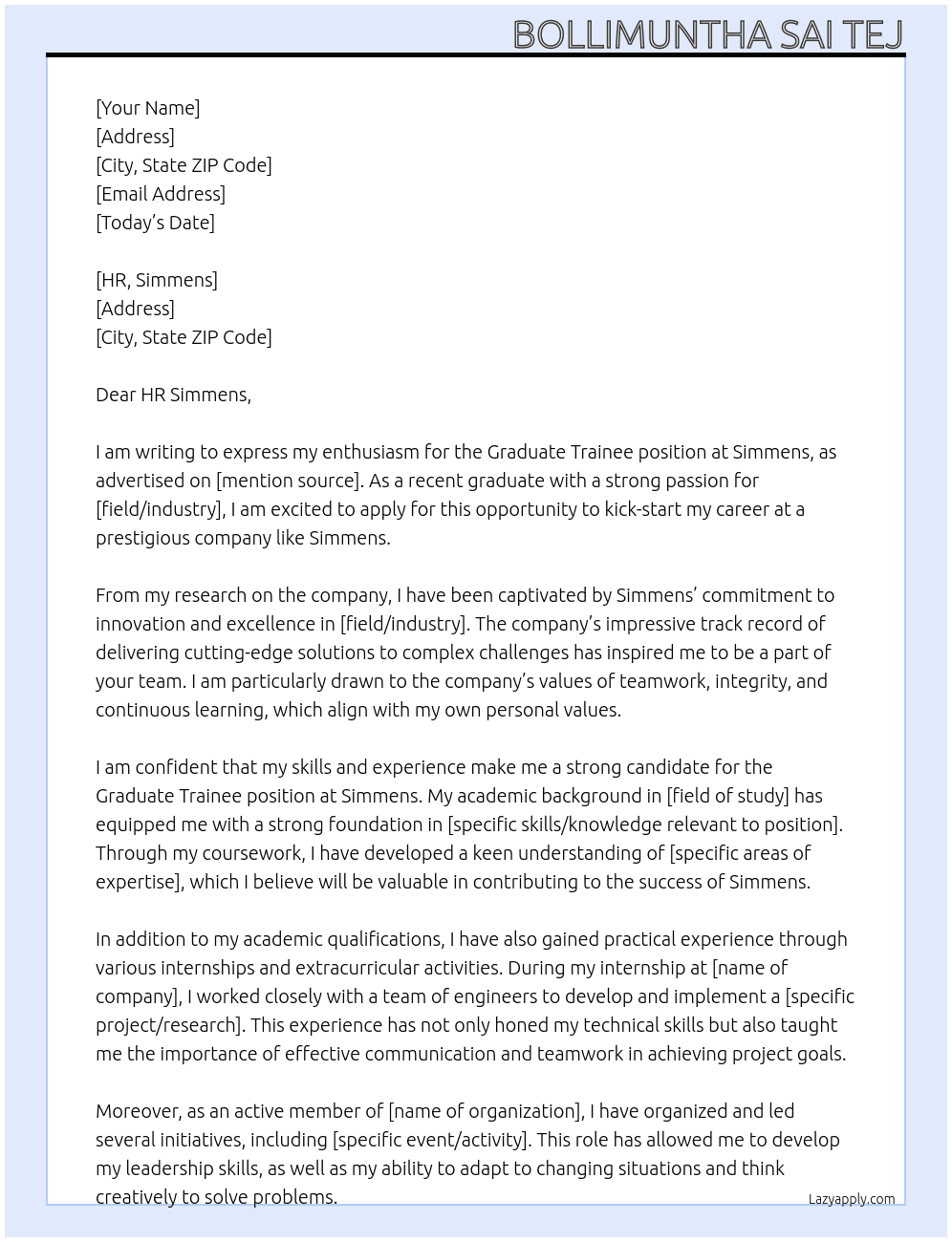graduate trainee At simmens Cover Letter