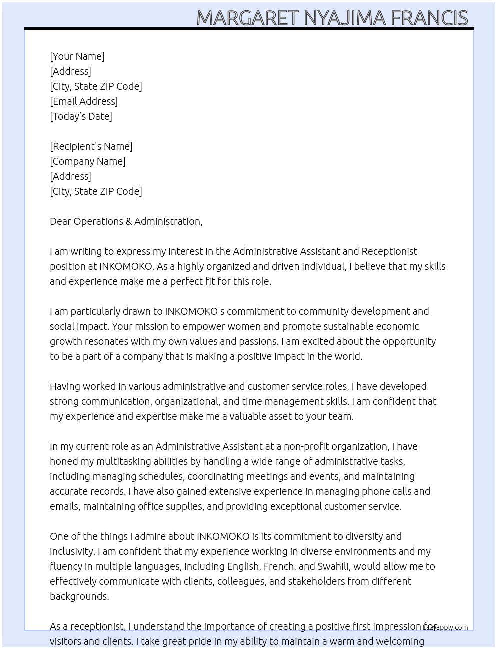 administrative assistant and receptionist  At INKOMOKO Cover Letter