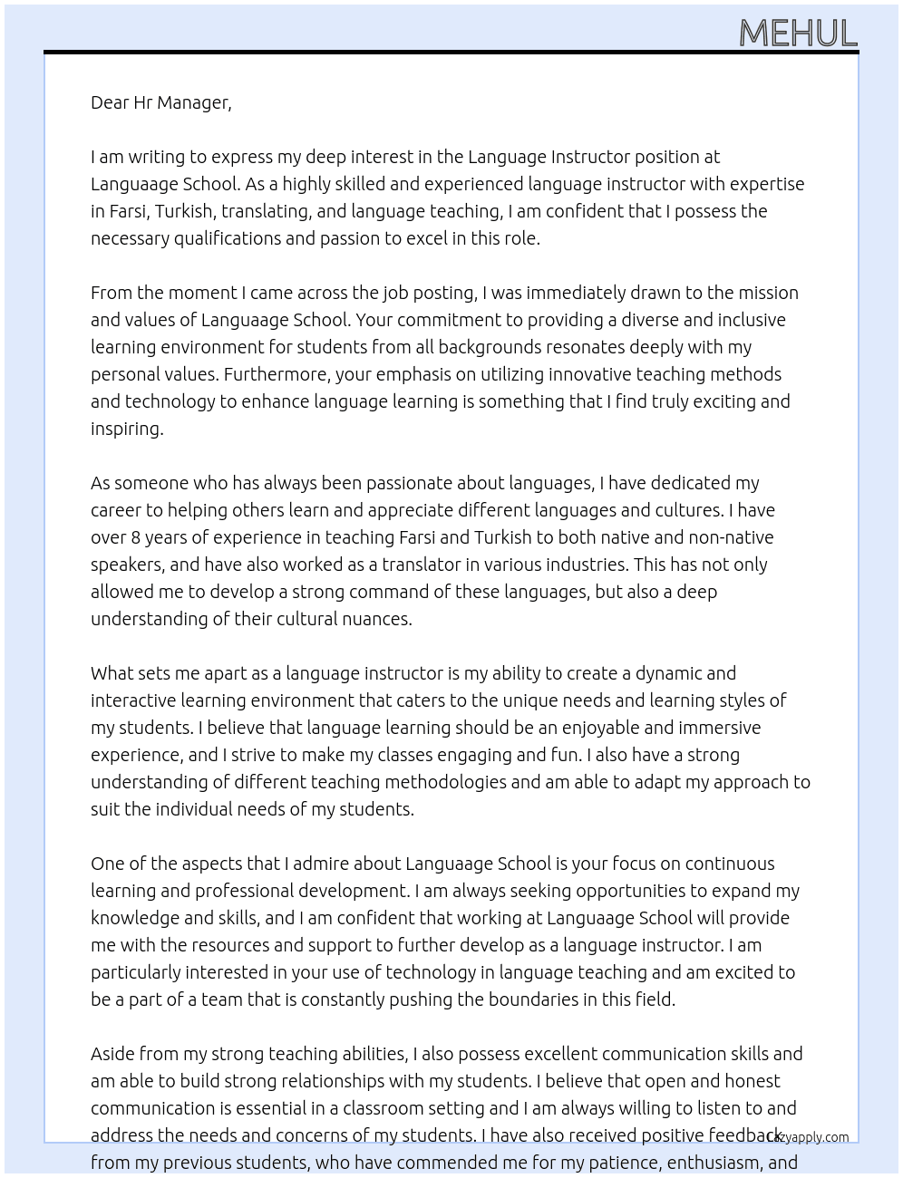 Language Instructor At Languaage School Cover Letter