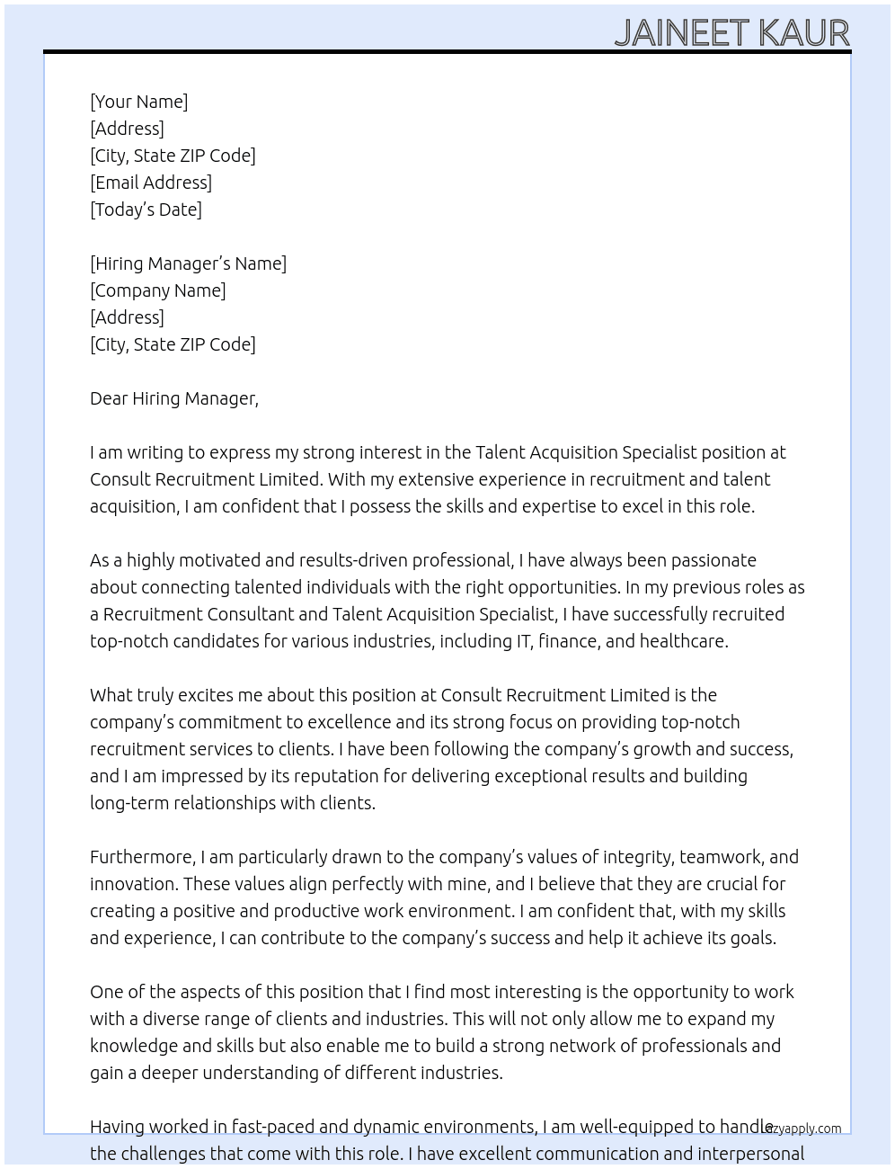 Talent Acquisition Specialist At Consult Recruitment Limited Cover Letter
