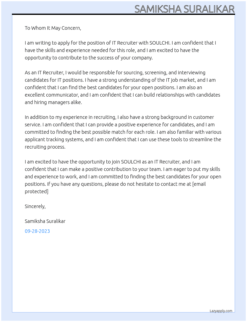 IT Recruiter At SOULCHI Cover Letter