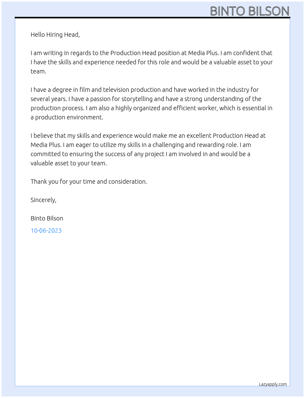 Production Head At Media plus Cover Letter