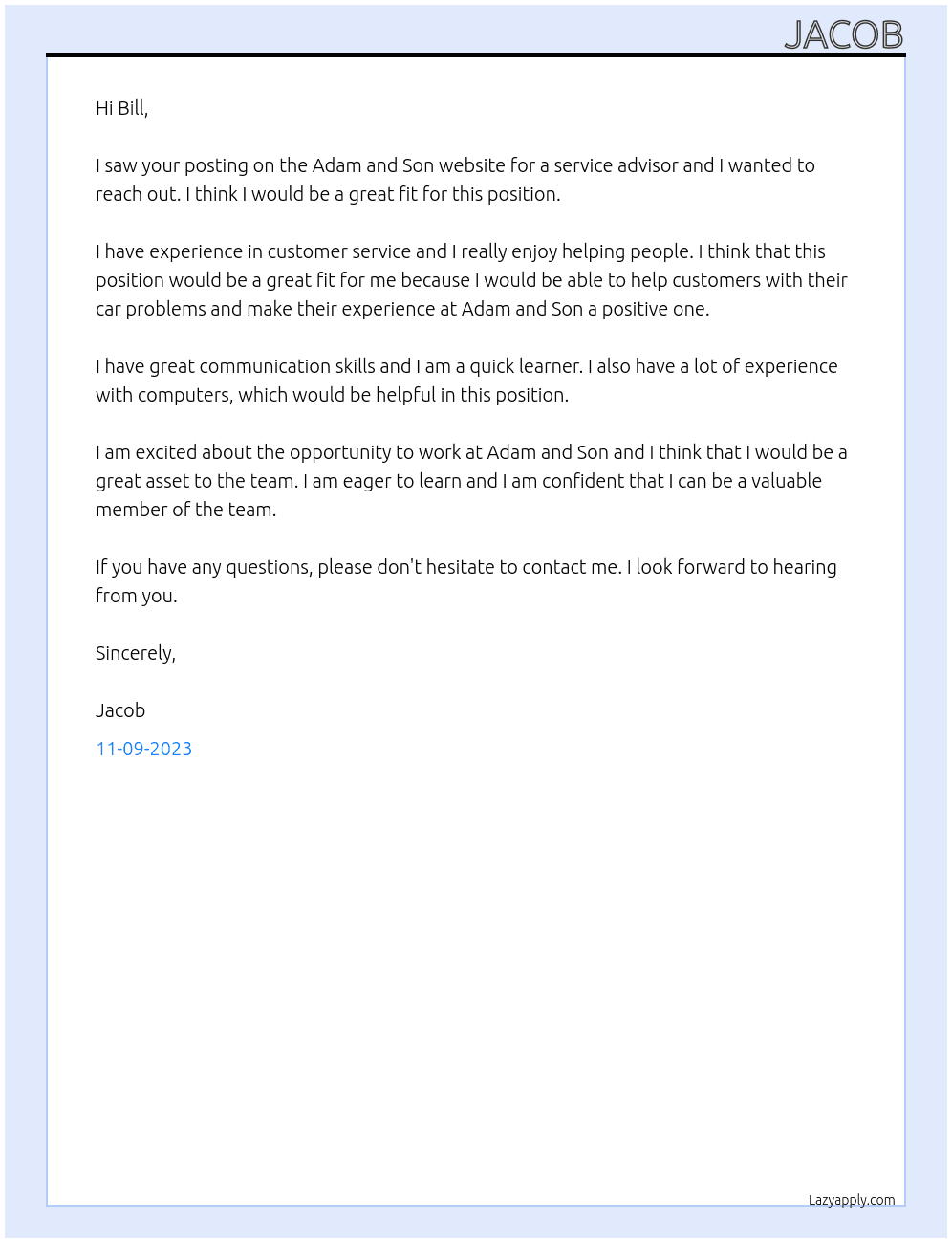 Service Advisor At Adam and Son Cover Letter