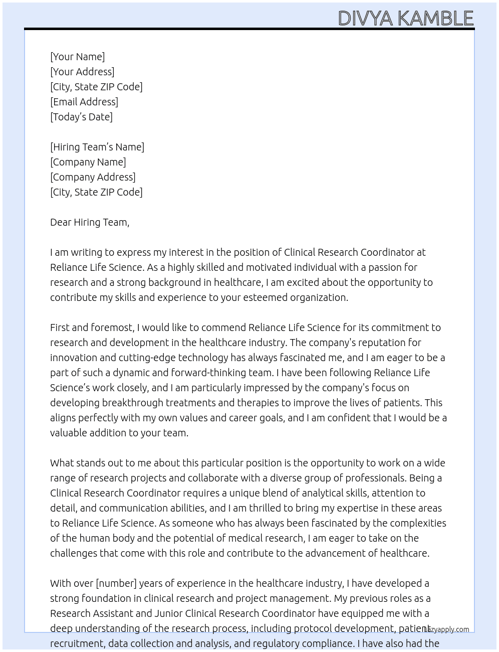clinical research coordinator At reliance life science Cover Letter