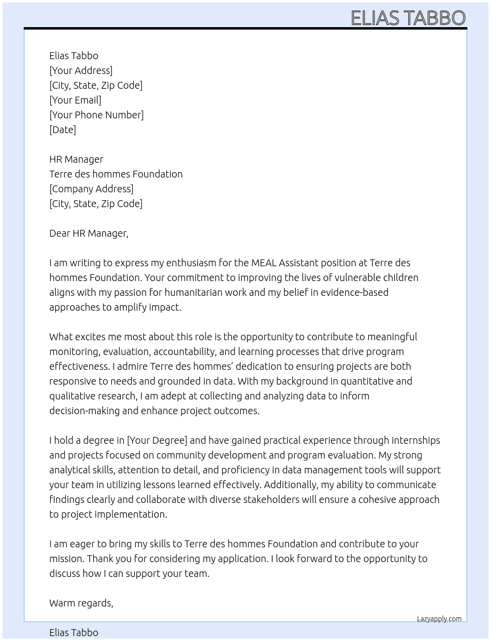 MEAL Assistant At Terre des hommes Foundation Cover Letter