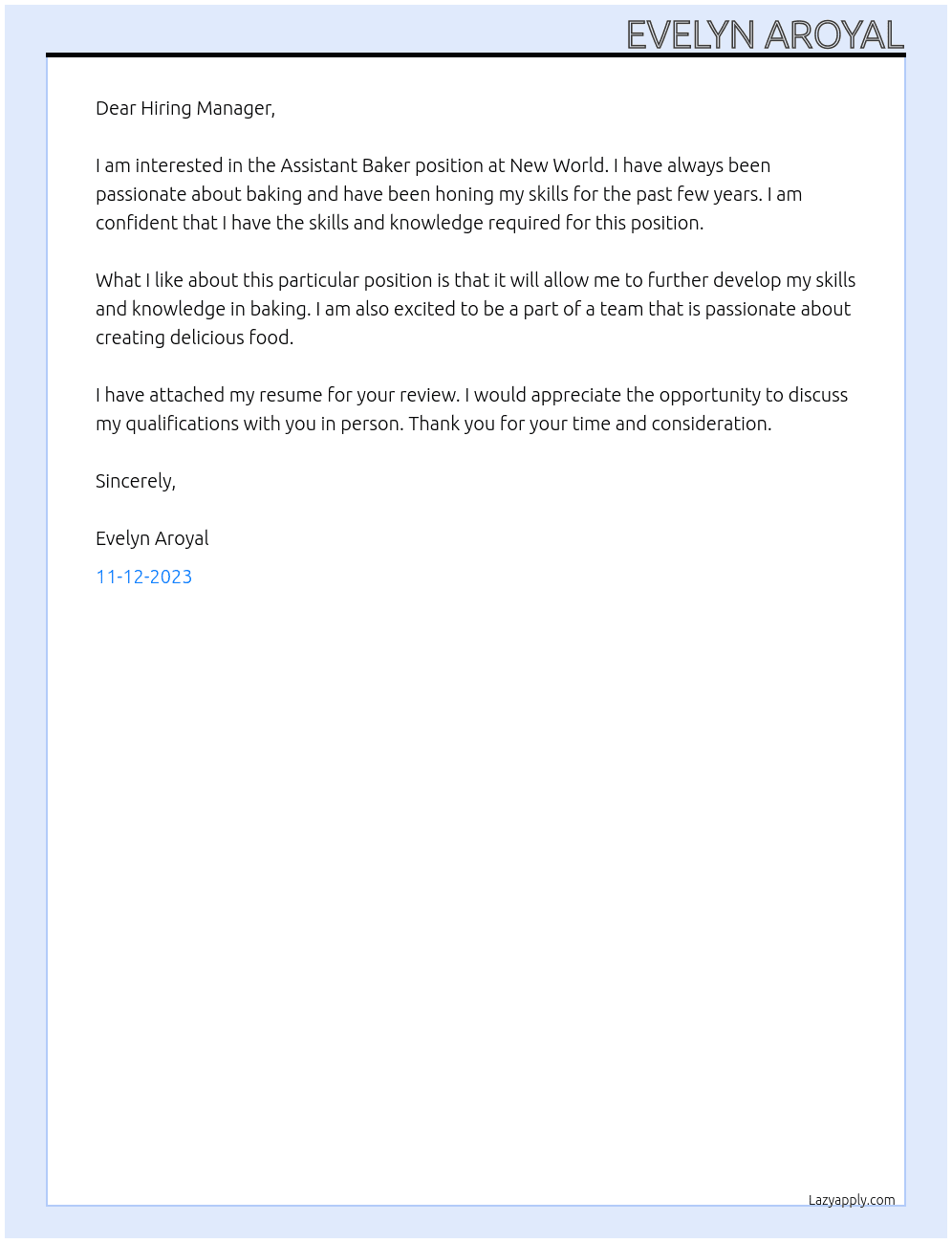 Assistant Baker At New World Cover Letter
