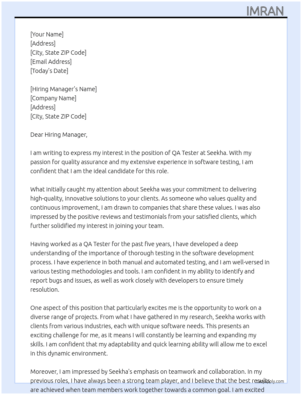 Qa Tester  At Seekha Cover Letter