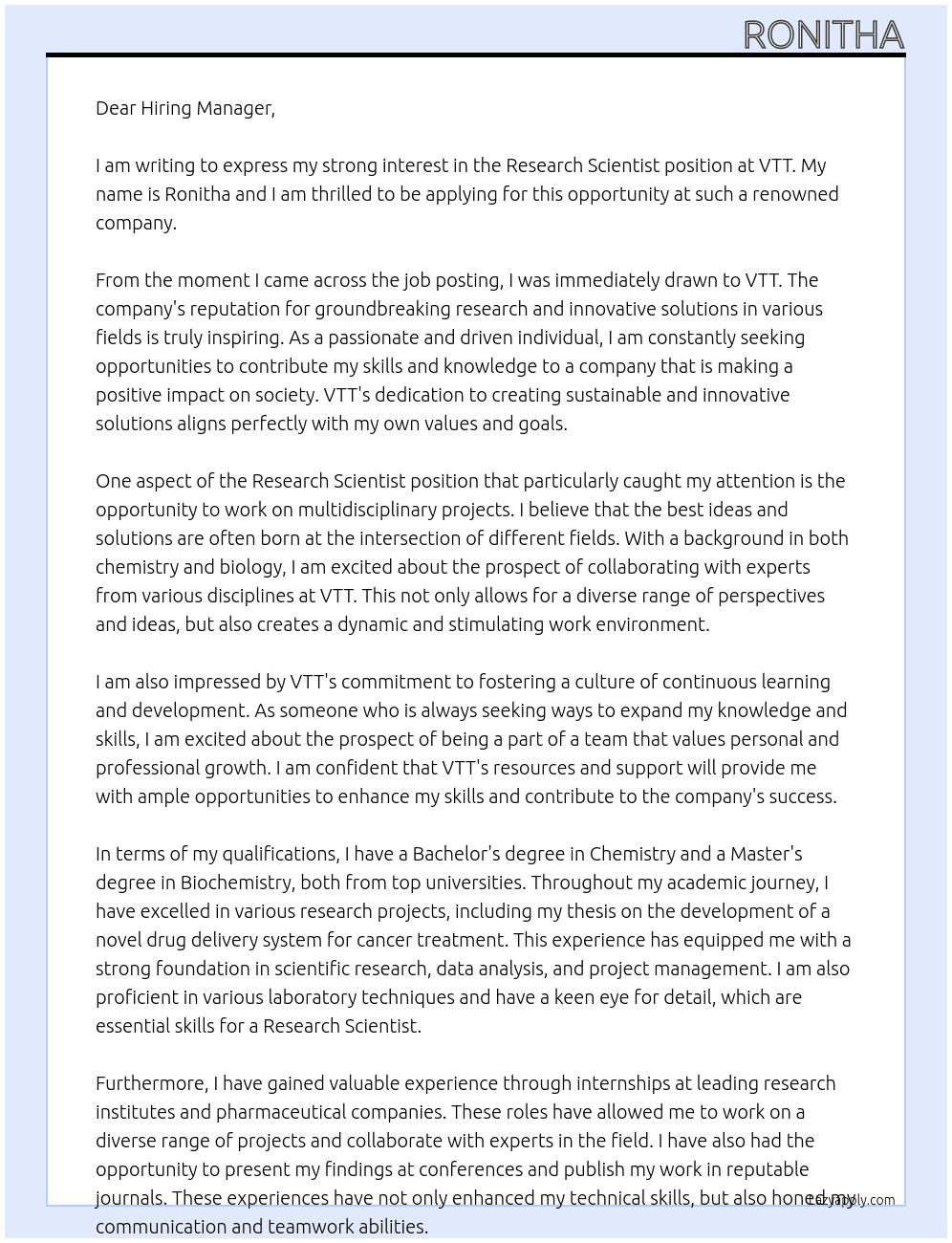 Research Scientist At VTT Cover Letter