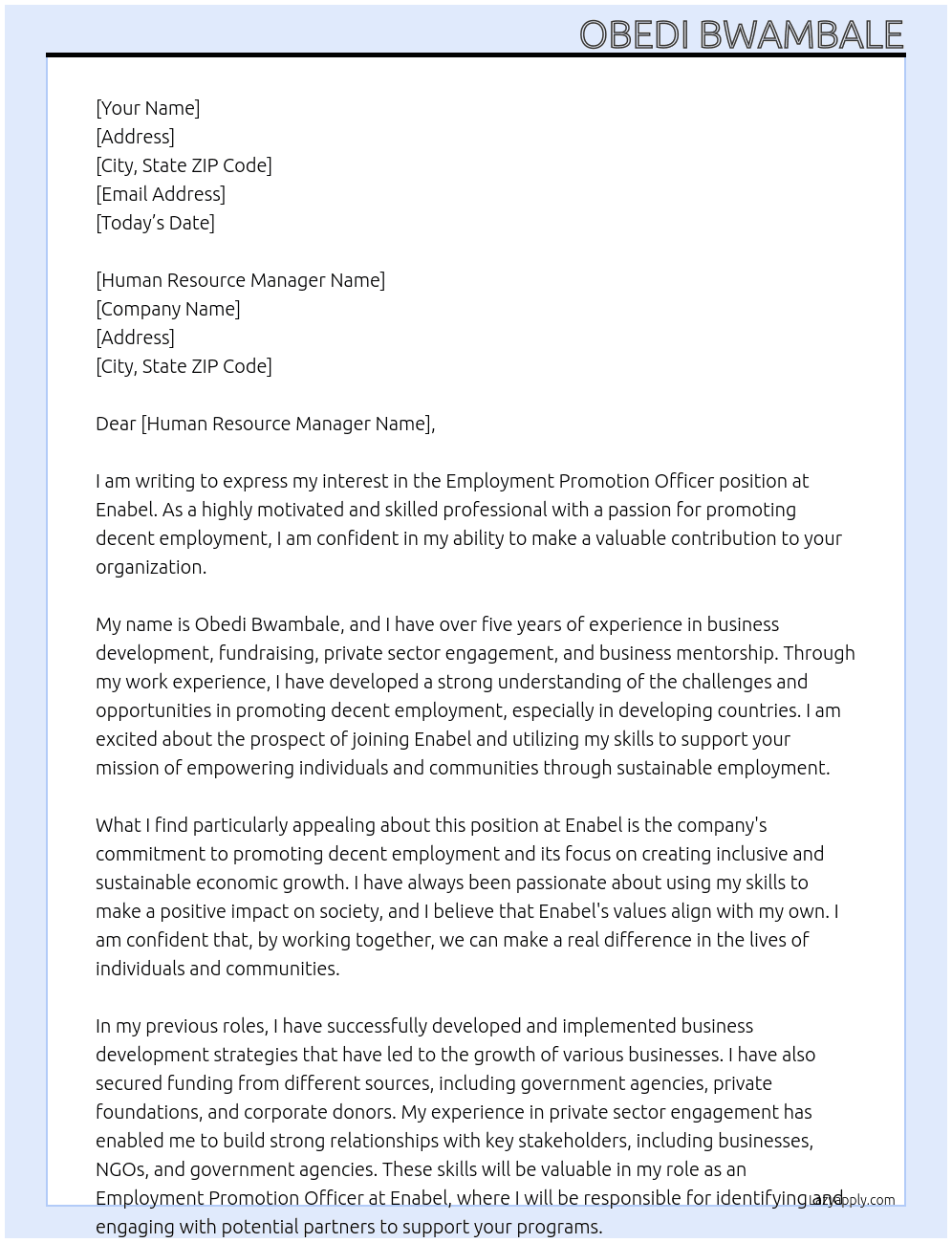 Employment promotion officer At Enabel Cover Letter