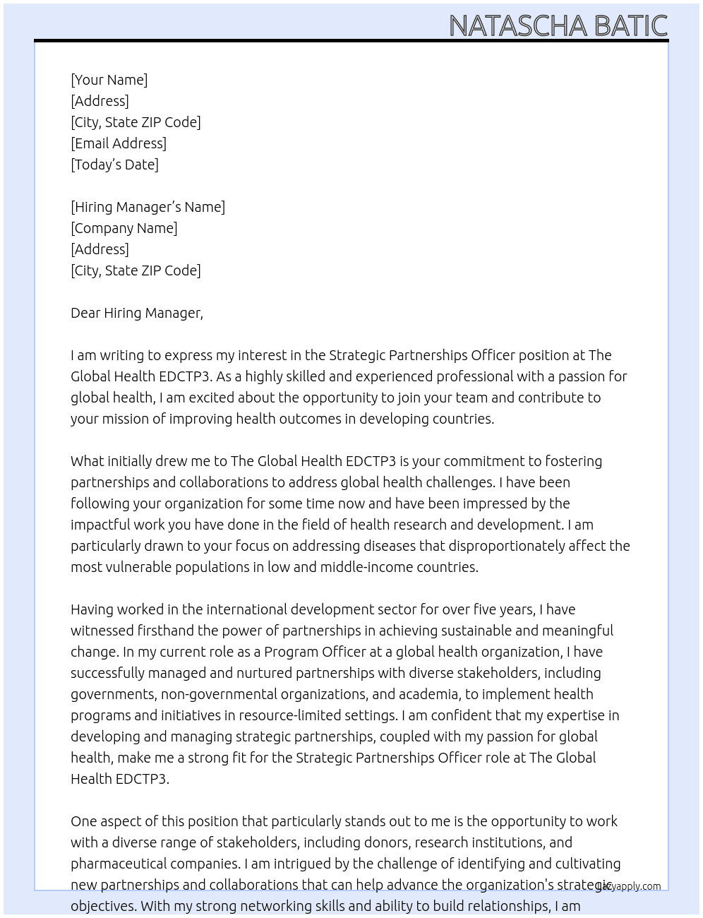 Strategic Partnerships Officer At The Global Health EDCTP3 Cover Letter