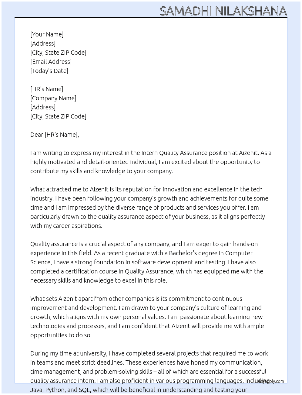Intern Quality Assurance At Aizenit Cover Letter