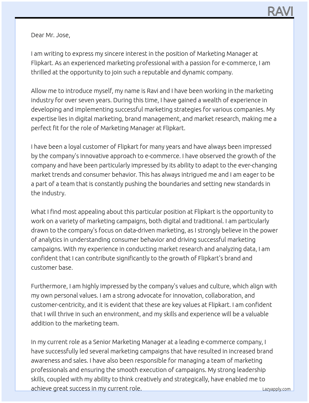 Marketing Manager At Flipkart Cover Letter