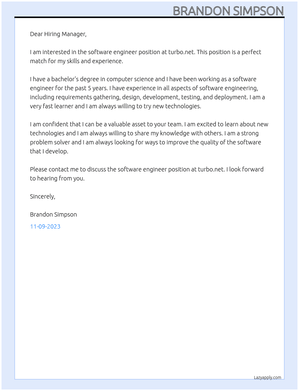 software engineer At turbo.net Cover Letter