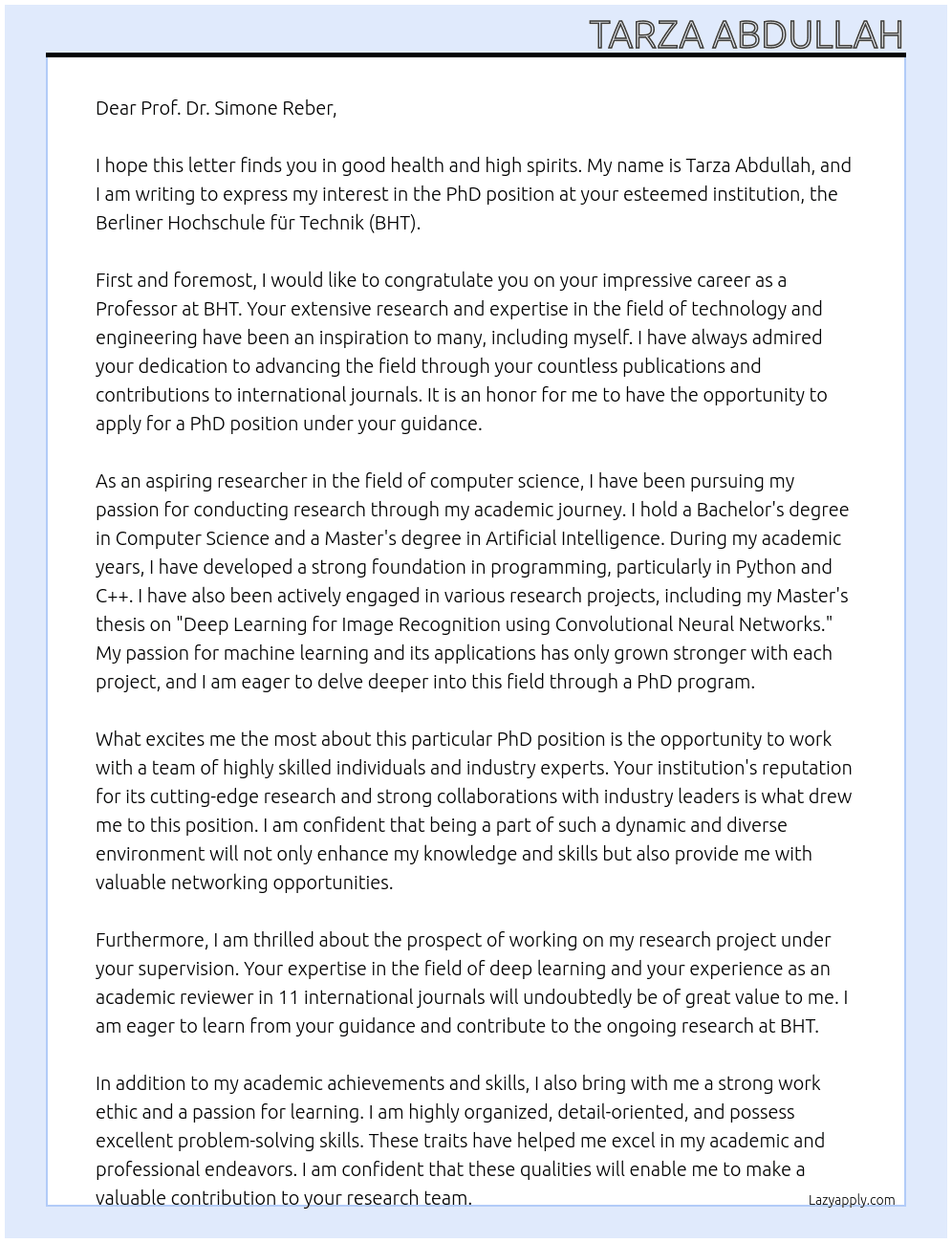 Doing a PhD At PhD position Cover Letter