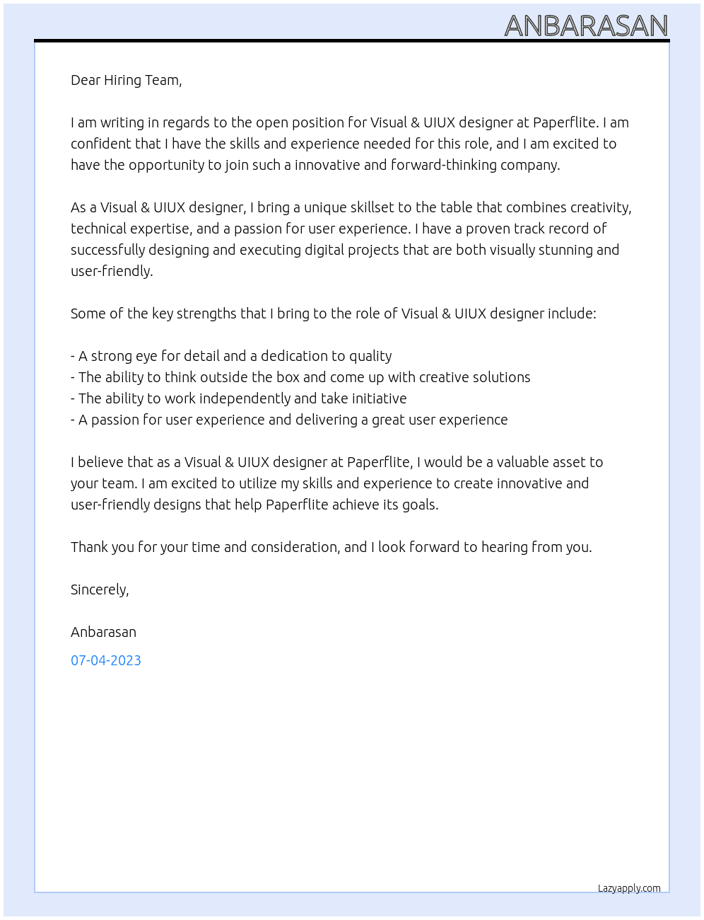 Visual & UIUX designer At Paperflite Cover Letter