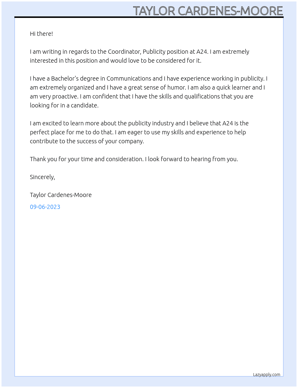 Coordinator, Publicity At A24 Cover Letter