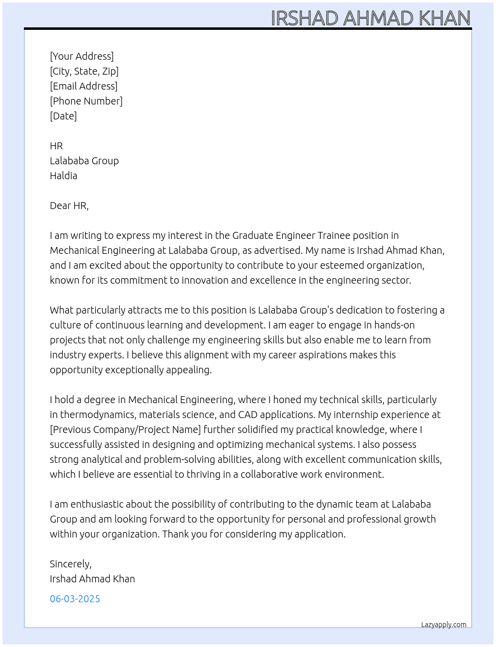 Graduate Engineer Trainee mechanical engineer At Lalababa Group Haldia Cover Letter