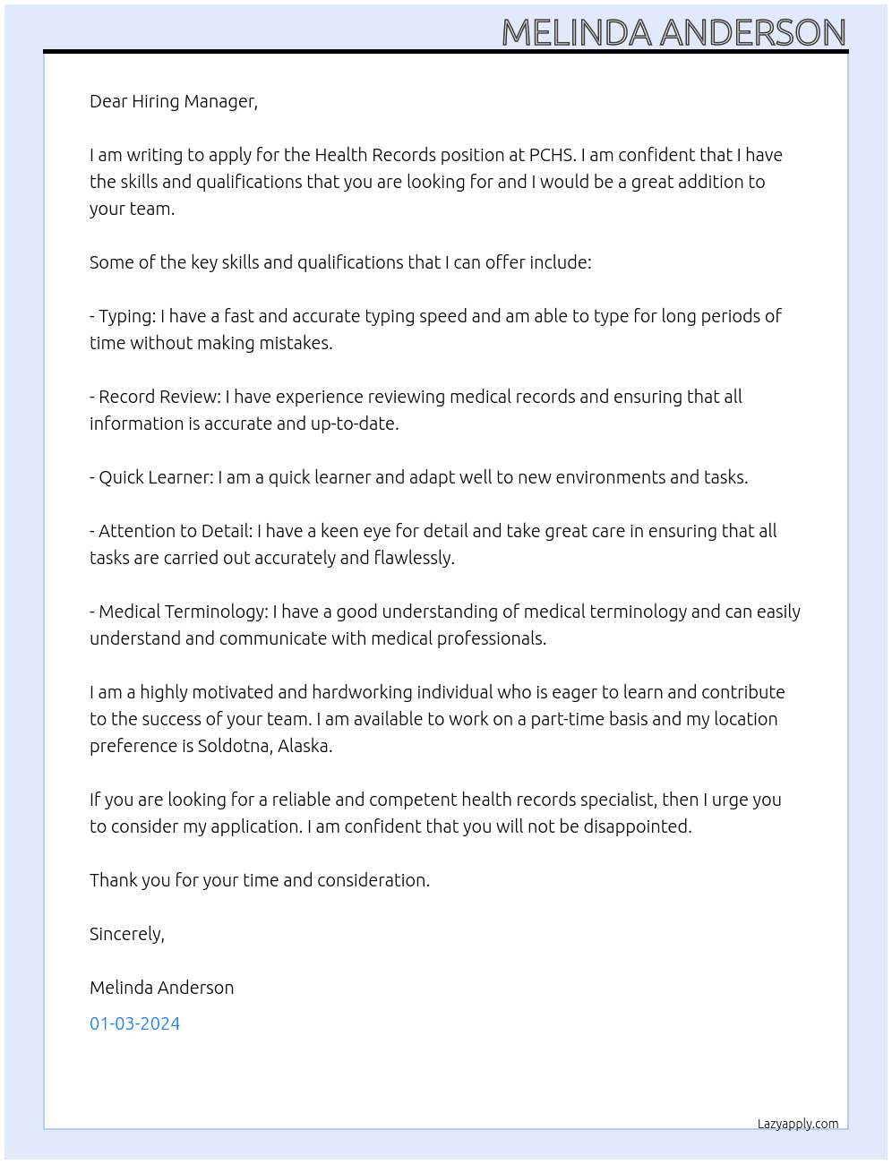 Health Records At PCHS Cover Letter