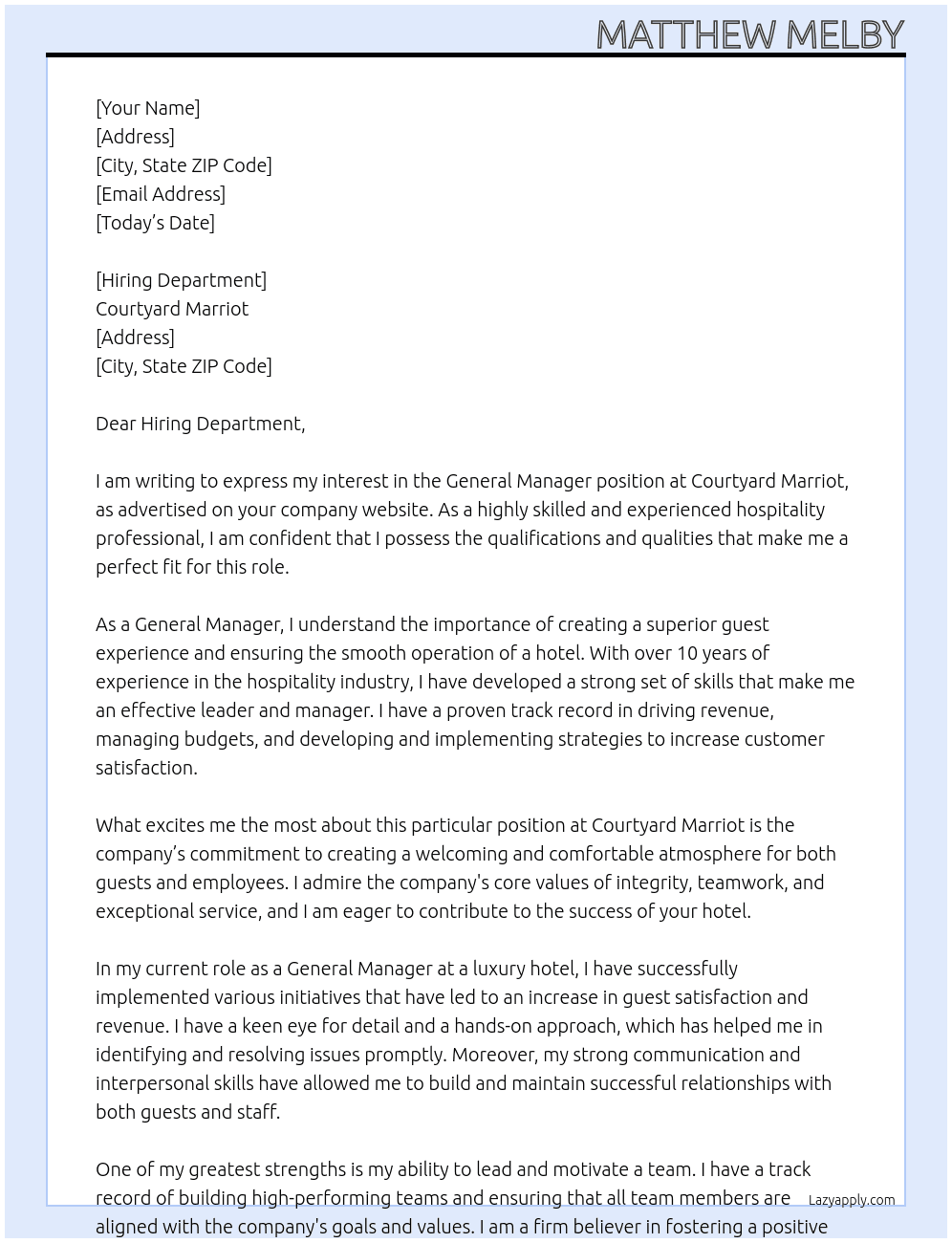 General Manager At Courtyard Marriot Cover Letter
