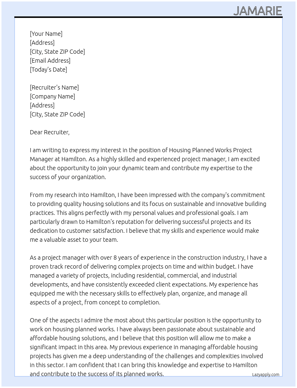 Housing Planned works Project manager At Hamilton Cover Letter