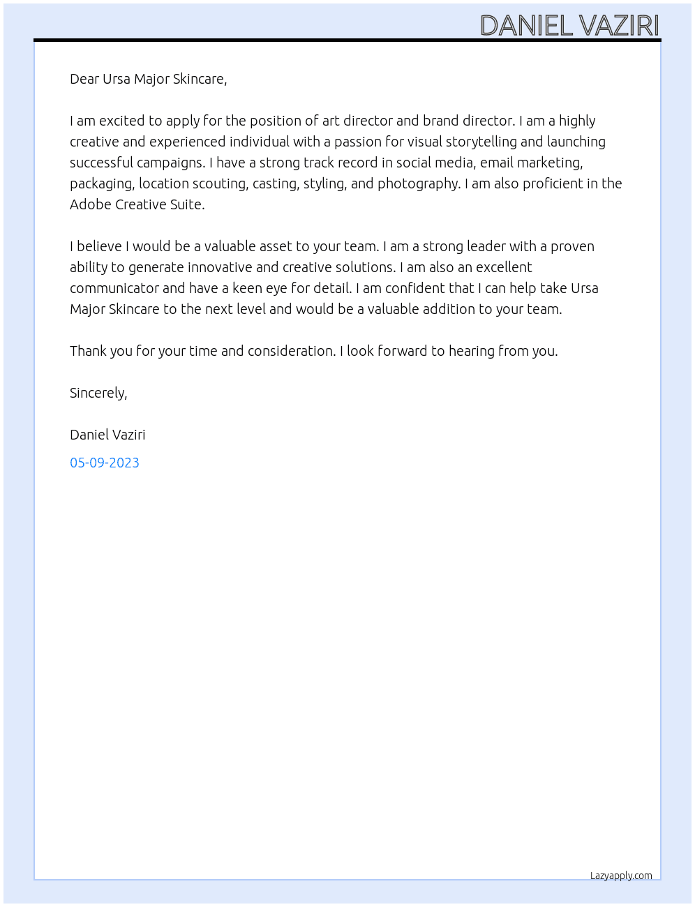 Art director, brand director At Ursa Major Skincare Cover Letter