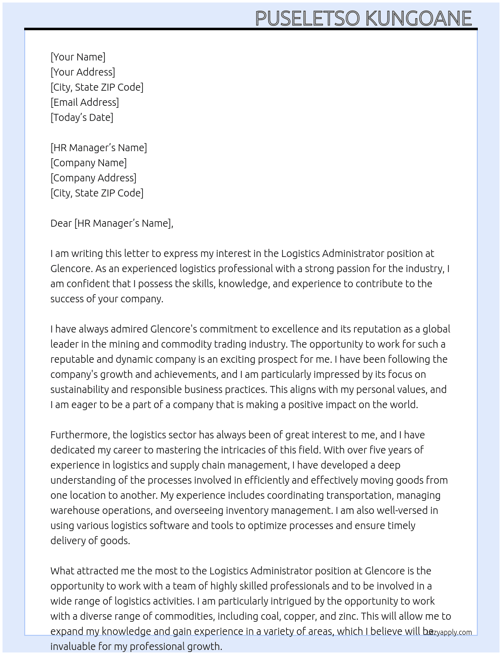 Logistics Administrator  At Glencore Cover Letter